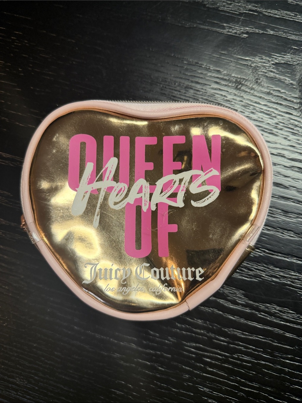 Juicy Couture Metallic Gold Heart Cosmetic Pouch with Pink Trim